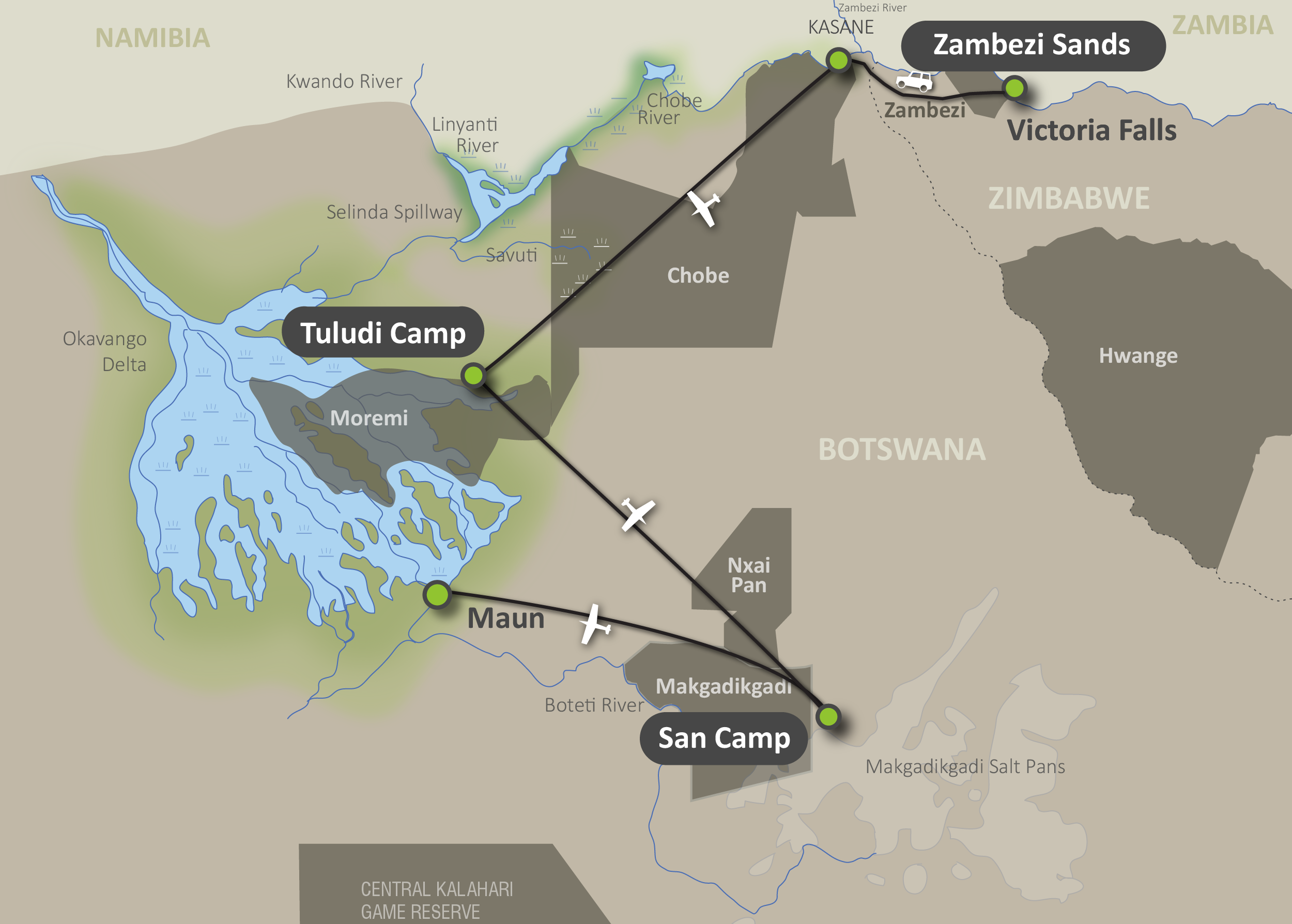 Map of the Botswana Escape Safari
